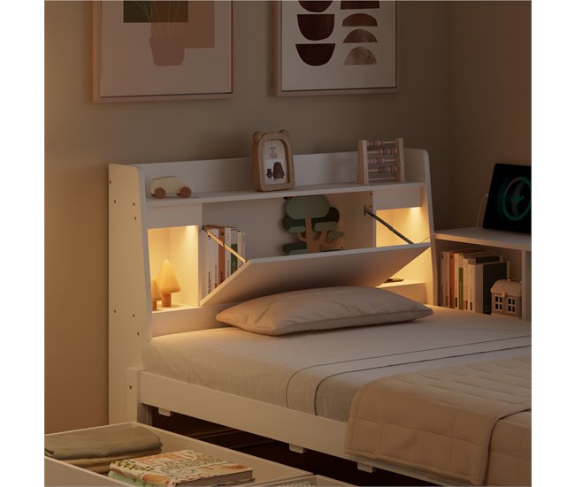 Cama juvenile de madera de pino con 2 cajónes 113x220 Blanco