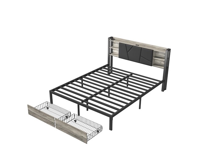 cama, led, usb, cama para adolescentes, cama doble, cajones 140x214 Negro