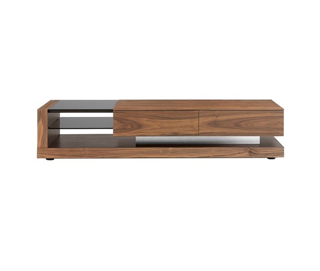 Mueble TV nogal, acero pulido y tapa de cristal negro Nogal