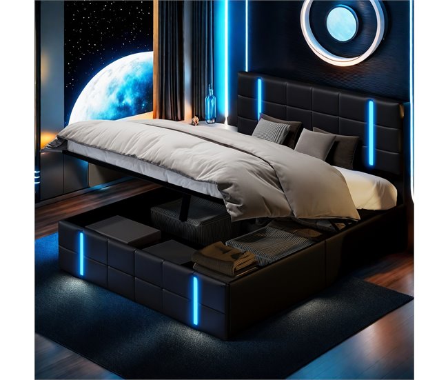 Cama, LED, USB, Tipo-c, Cama juvenil, Cama doble 167x205 Negro