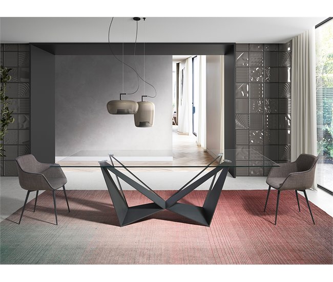 Mesa comedor rectangular cristal templado y acero negro Transparente