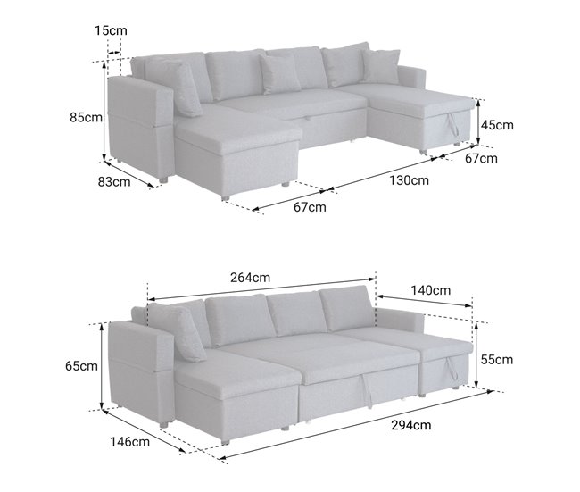 Sofá panorámico convertible SCOTT 4 plazas Gris