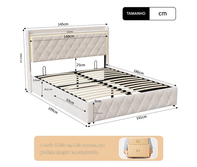 Cama LED, elevación gas, puertos USB/C Beige