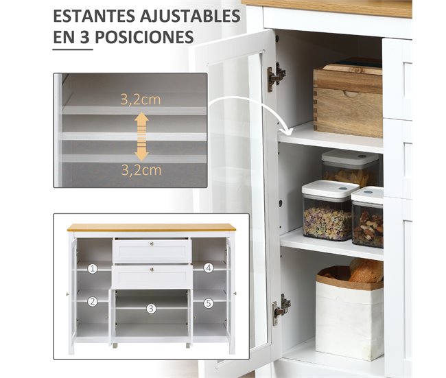 Aparador de Cocina MDF, Vidrio Templado HOMCOM 120 Blanco