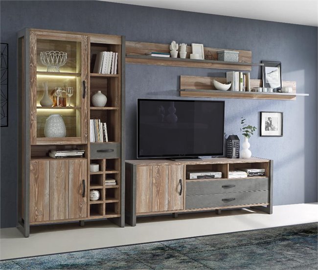 Mueble TV 1 puerta y 2 cajones INDUSTRY Gris/ Madera