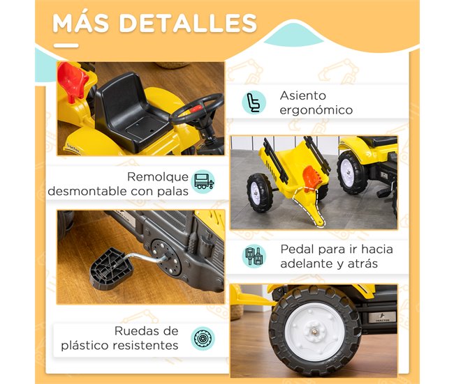 Tractor Pedal con Remolque Hierro, plástico HOMCOM Amarillo