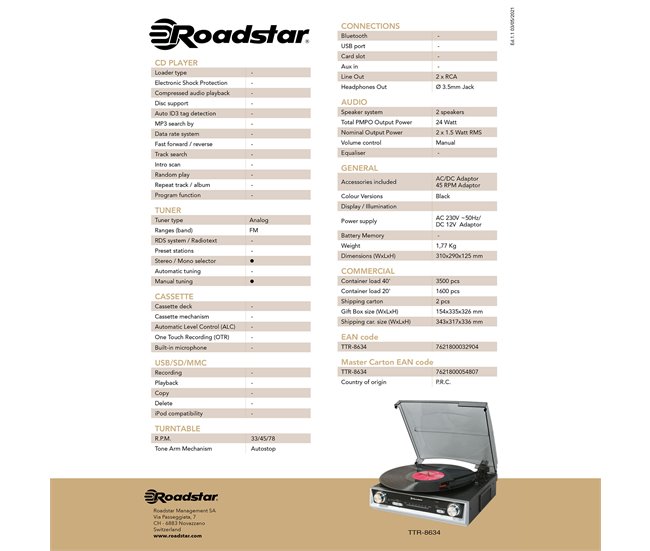 Tocadiscos Roadstar TTR-8634 Negro