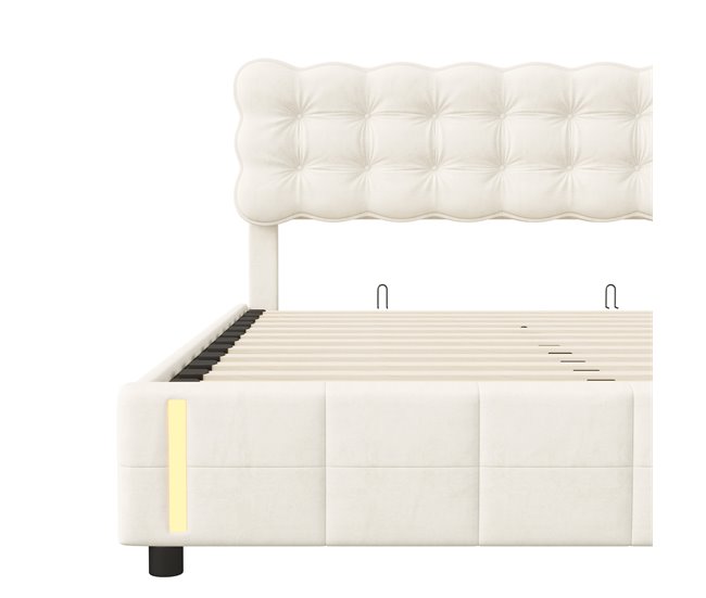 Cama contenedor acolchado, somier LED, láminas Beige
