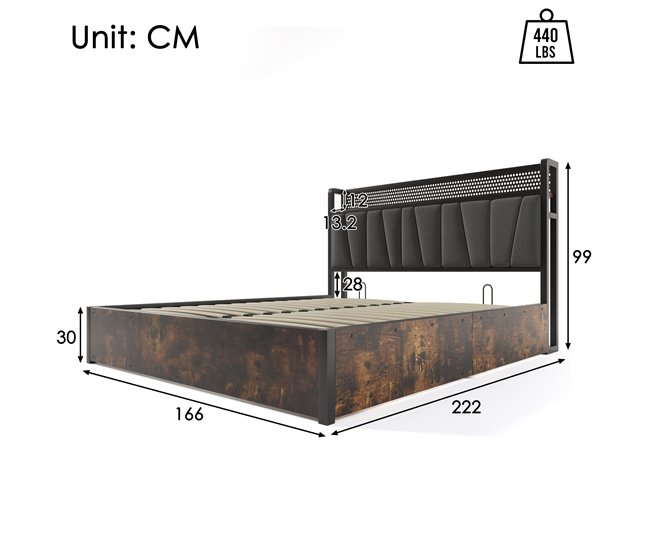Cama de matrimonio de lino con almacenaje 166x222 Gris