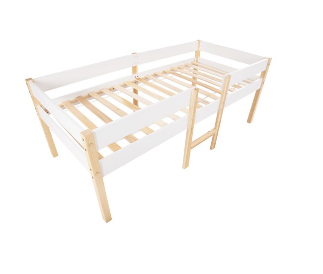 Cama alta infantil de madera de pino 198x97 Blanco/ Madera