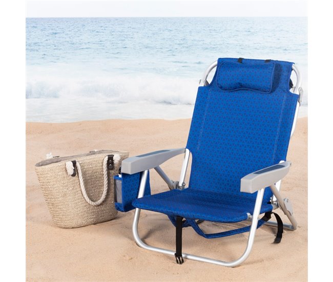 Aktive Silla de playa XXL plegable y reclinable 5 posiciones c/nevera y mochila Azul