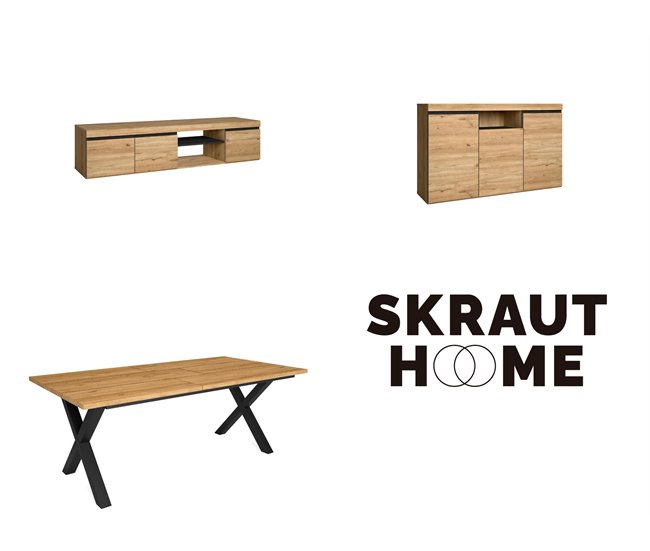 Conjunto Muebles de Salón, Mesa, Aparador, Mueble TV Roble