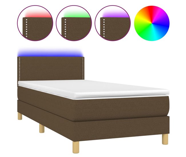 Conforama Cama box spring con colchón LED tela marrón oscuro 80x200 cm Liso con clavos