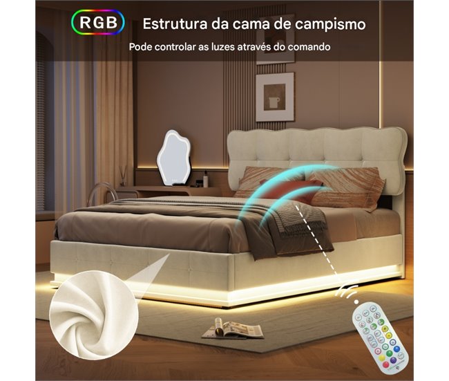 Cama, LED, cama con muelles, cama doble, cama funcional 146x204 Beige