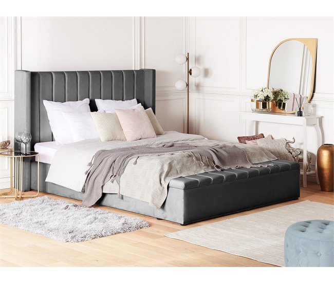 Beliani Cama con banco de almacenaje Terciopelo NOYERS 170x247 Gris