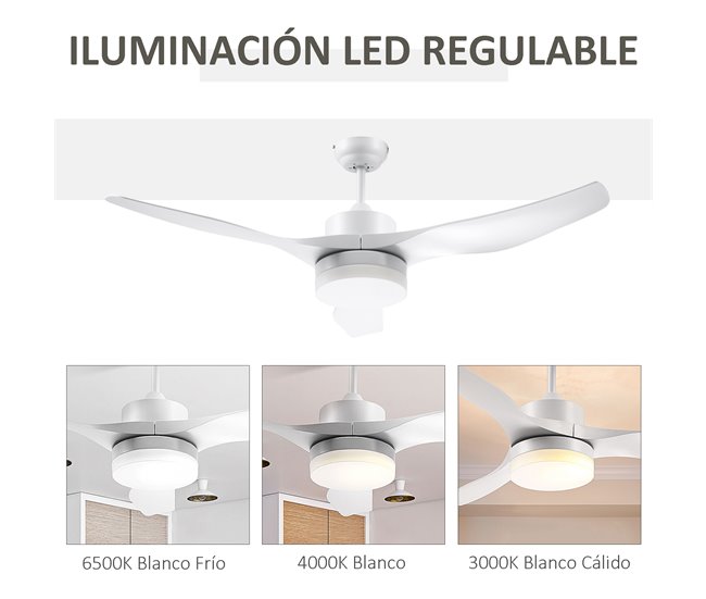 Ventilador de Techo ABS, Metal, Vidrio HOMCOM Blanco