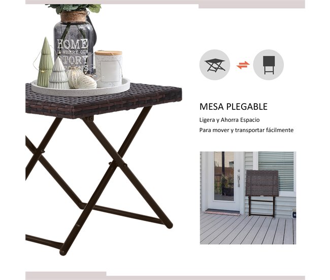 Mesa Cuadrada Plegable Ratán PE, Acero Outsunny 40x40 Marron
