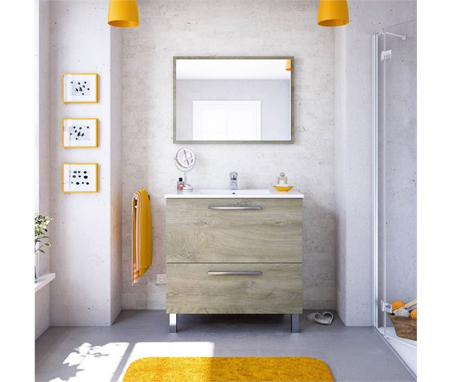 Mueble baño Luis 1 cajón 1 puerta, espejo y lavabo, Alaska Madera