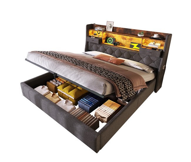 Cama de matrimonio de lino 193x221 Gris