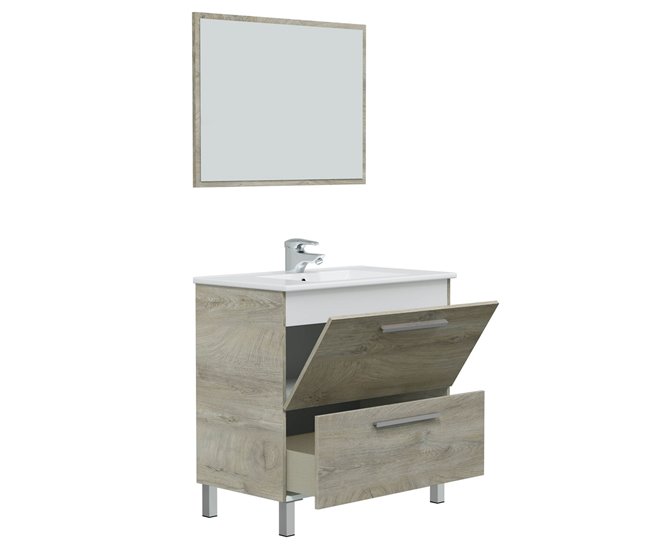Mueble baño Luis 1 cajón 1 puerta, espejo y lavabo, Alaska Madera