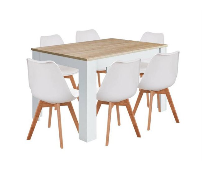 Pack Mesa Fija de Comedor o Cocina + 6 Sillas Nordic 138x80 Blanco/ Madera