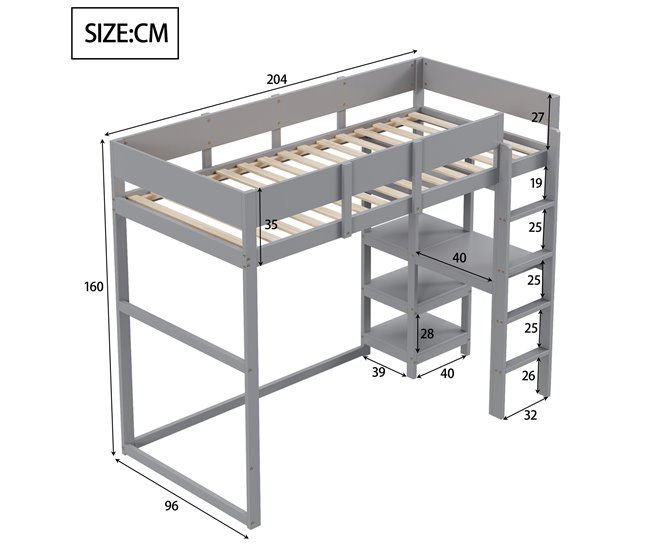 Cama alta para niños 96x204 Gris