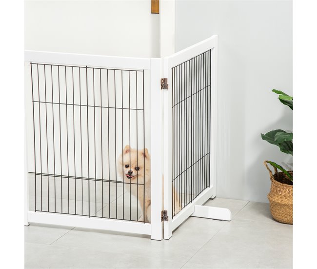 Barrera de Seguridad para Perros Madera de Pino y Acero PawHut Blanco
