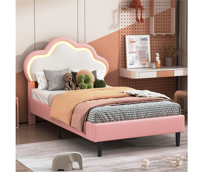 Cama tapizada de con cabecero ajustable, LED 100x202 Rosa