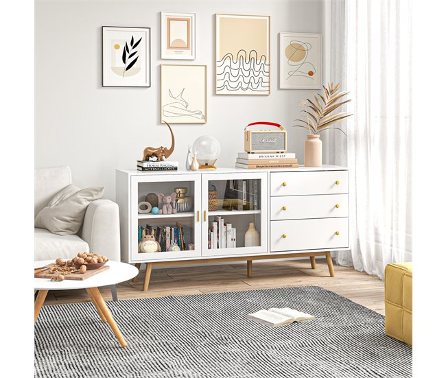 Aparador de Cocina MDF, Vidrio, Madera de Caucho HOMCOM 160 Blanco