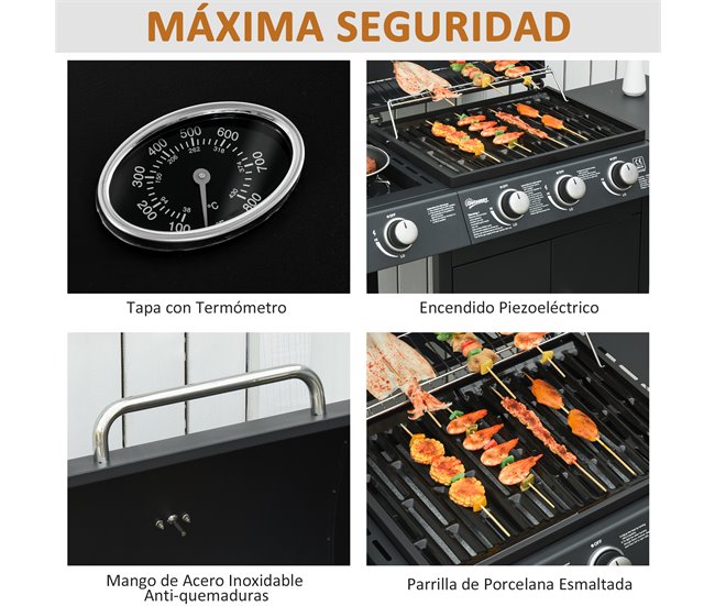 Barbacoa de Gas PP, Acero Outsunny Negro