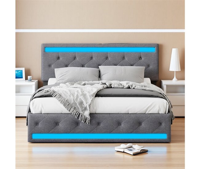 Cama doble, LED, USB, 4 cajones 162x210 Gris