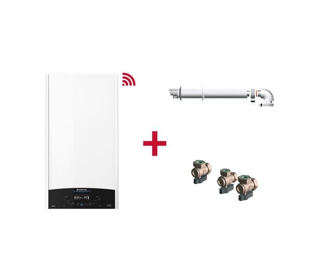 Caldera de condensación, Ariston, Genus One Plus Wifi 30 + Kit de tres grifos + Kit salida de humos, Clase Energetica A Blanco Brillo