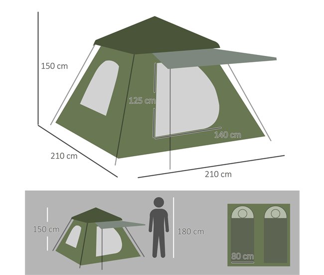 Tienda de Campaña Tafetán 210T, Fibra de Vidrio, Metal Outsunny Verde