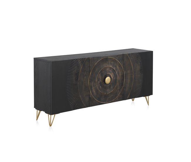 Aparador De Madera De Mango Con 3 Puertas Y Pies De Metal Dorado Negro