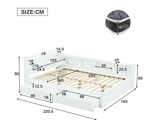 Cama juvenile de madera de pino con 2 cajónes 163x220 Blanco