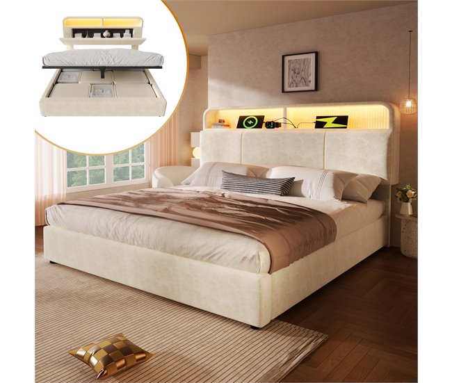 Cama con almacenaje de terciopelo 185x211 Beige