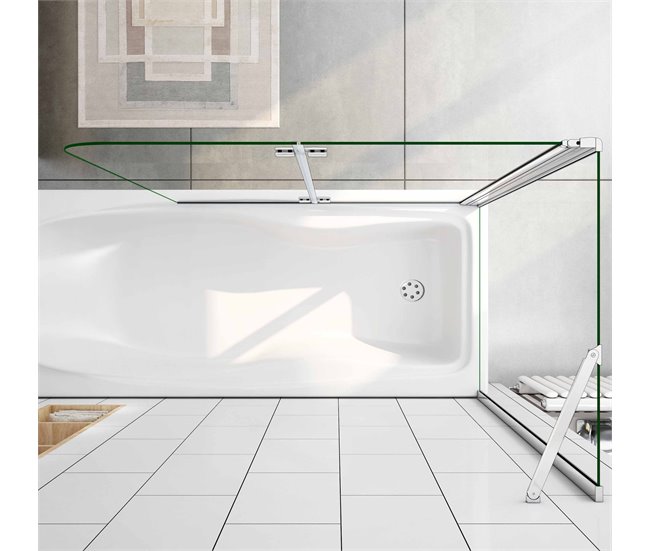 Mampara de Bañera Plegable,2 Hojas+Panel Fijo,Vidrio Templado 6mm Antical,Altura 140cm,Ancho 2cm ajustable 