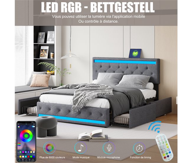 Cama tapizada, LED, 4 cajones, USB 186x210 Gris