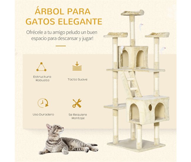 Árbol para Gatos Tablero Madera Aglomerado, Felpa y Sisal PawHut Beige
