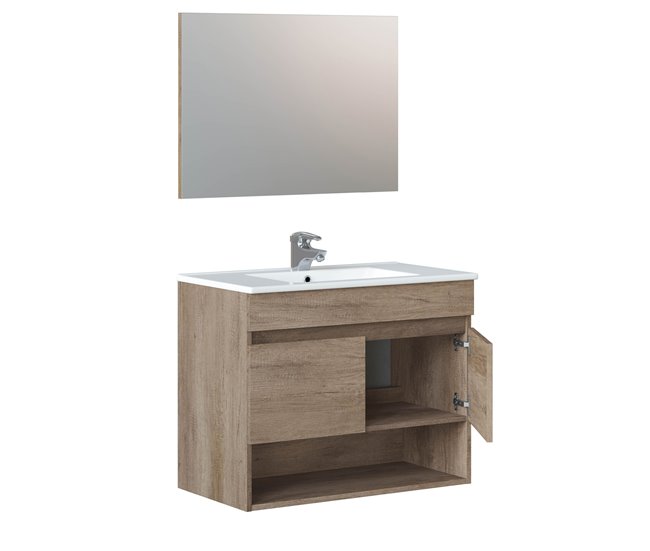 Mueble baño suspendido Clara 2 puertas, espejo y lavabo PMMA, Nordik Madera