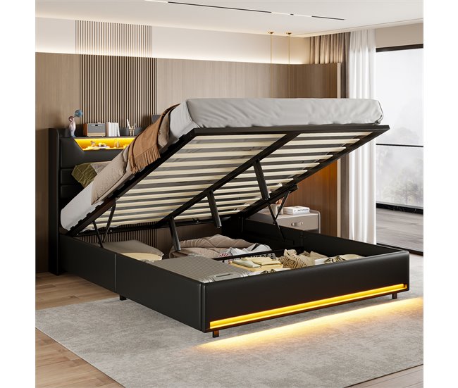 Cama, cama de matrimonio, LED, USB Negro
