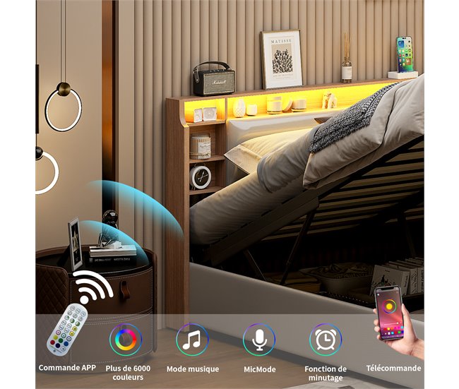 Cama tapizada doble juvenil con LED y almacenamiento hidráulico Blanco