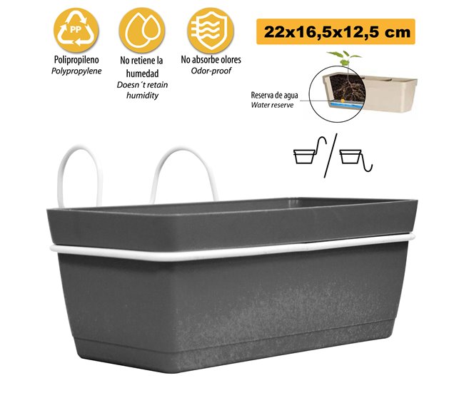 3 Jardineras L 22 Cm Con Ganchos Gris