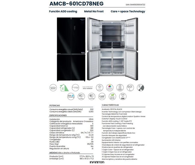 Frigorifico Americano Infiniton AMCB-601CD78NEG, 601 l Negro