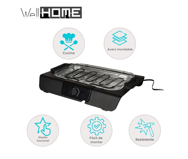 Well Home Barbacoa eléctrica con termostato ajustable y seguridad Negro