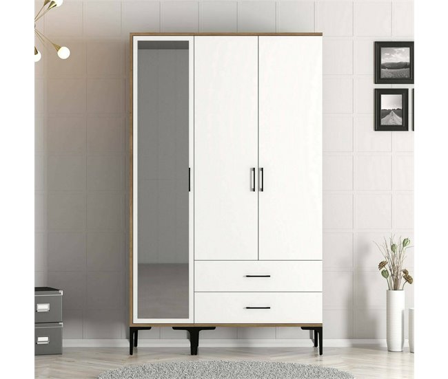 Armário de 3 portas com efeito madeira 120 Blanco/ Madera