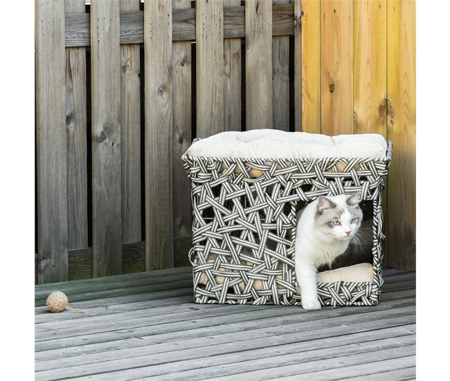 Cesta de Ratán para Gatos Metal, Ratán PE y Algodón PP PawHut Multicolor