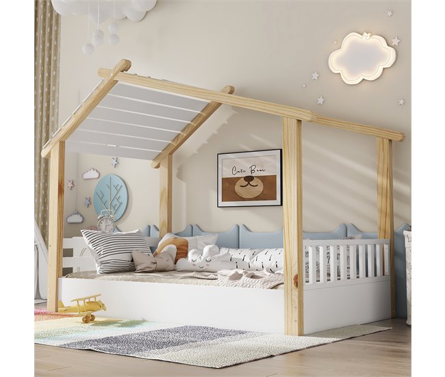 Cama cabaña de madera de pino Natural/ Blanco