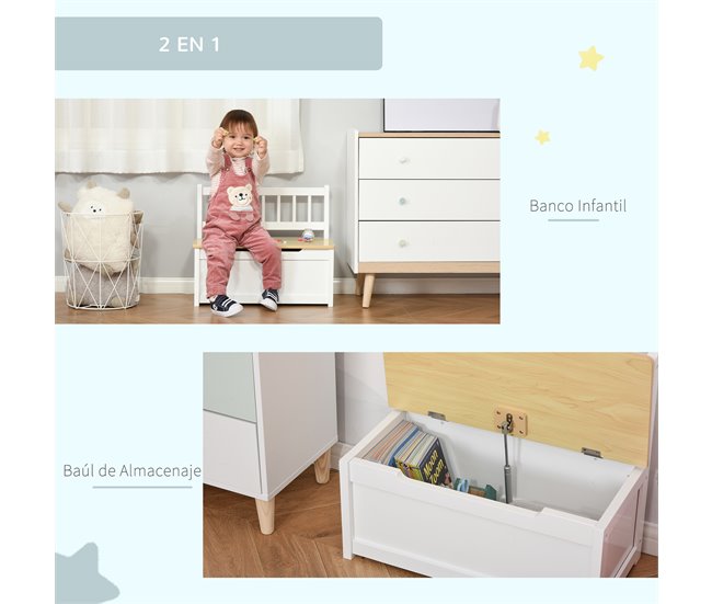 Baúl de Juguetes para Niños MDF, Madera de Pino HOMCOM Blanco