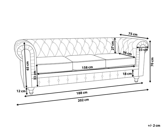 Beliani Sofá de 3 plazas Poliéster CHESTERFIELD Grafito
